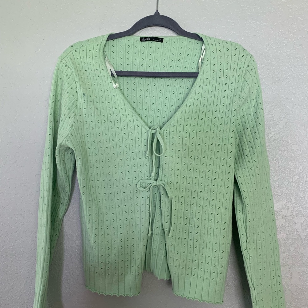 Ribbed Eyelet Tie-Front Cardigan in Mint Green